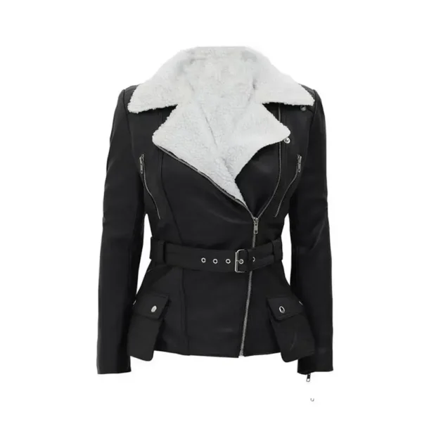 Women-Black-Belted-Shearling-Sheepskin-Leather-Jacket-front