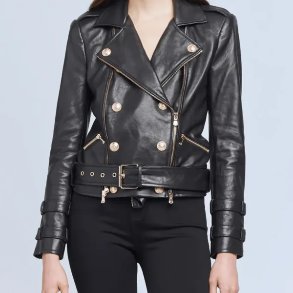 Women Black Biker Belted Leather Jacket product image from front