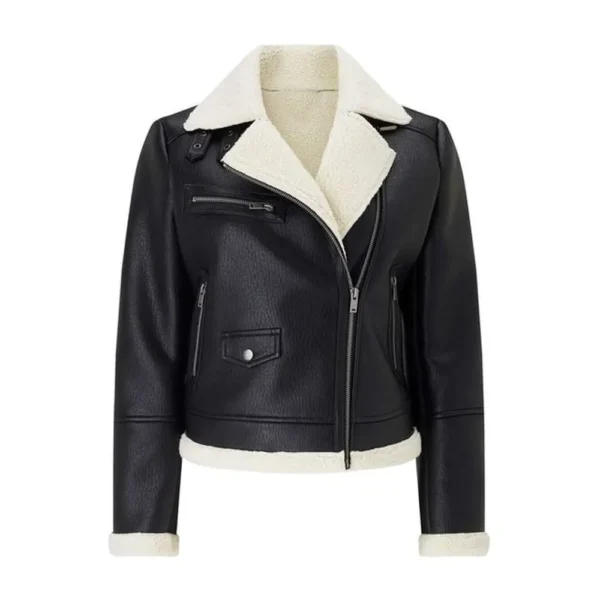 Women Black Biker Shearling Aviator Leather Jacket product image from front