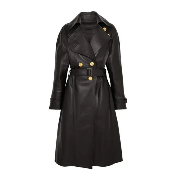 Women Black Double Breasted Leather Coat product image from front
