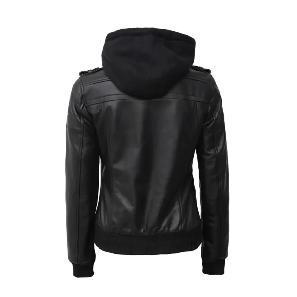 Women Black Hooded Leather Bomber Jacket product image from back