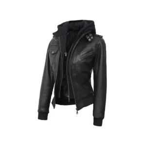Women Black Hooded Leather Bomber Jacket