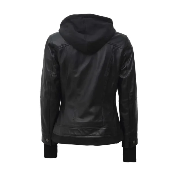 Women Black Hooded Leather Jacket product image from back