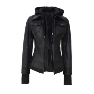 Women Black Hooded Leather Jacket