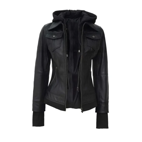 Women Black Hooded Leather Jacket product image from front