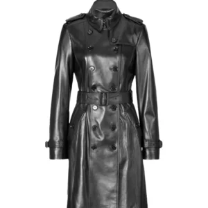 Women Black Lambskin Leather Trench Coat