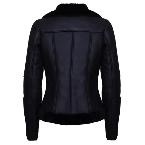 Women Black Merino Shearling Sheepskin Aviator Leather Jacket product image from back