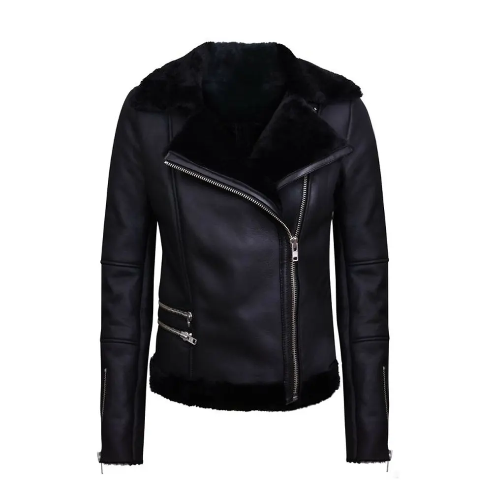 Women Black Merino Shearling Sheepskin Aviator Leather Jacket | Urban ...