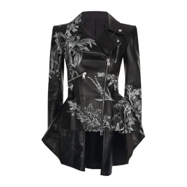 Women Black Printed Takitop Leather Coat product image from front