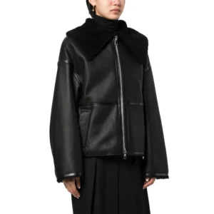 Women Black Shearling Aviator Leather Jacket