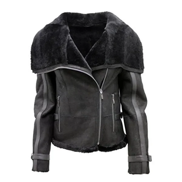 Women Black Shearling Sheepskin Aviator Leather Biker Jacket product image from front