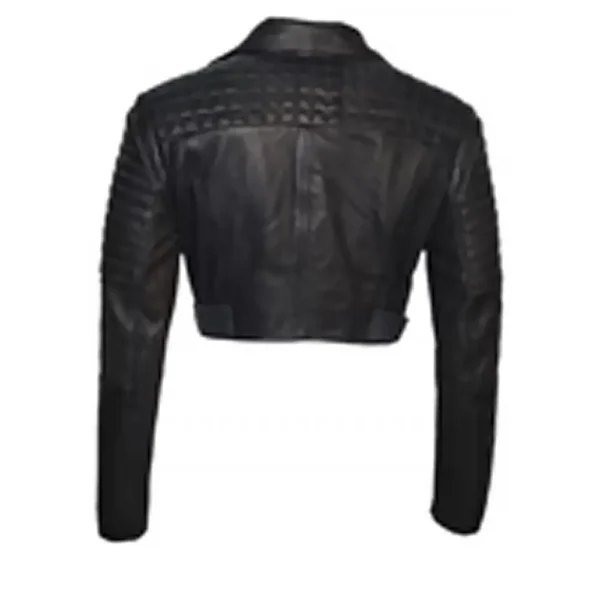 Women Black Short Cropped Biker Leather Jacket product image from back