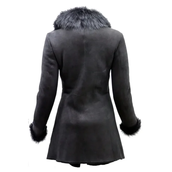 Women Black Suede Merino Sheepskin Leather Coat With Toscana Collar product image from back