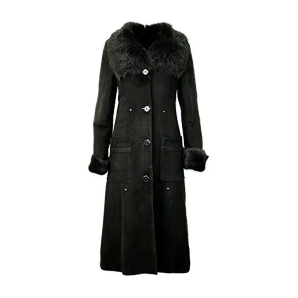 Women Black Suede Sheepskin Leather Coat product image from front