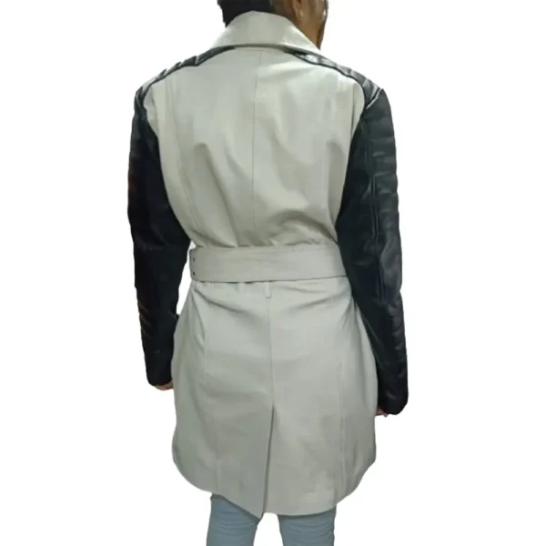Women Black & White Belted Leather Trench Coat product image from back