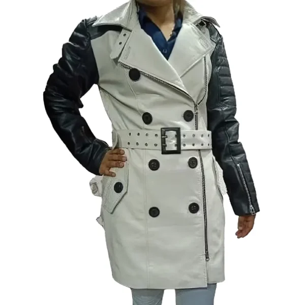 Women Black & White Belted Leather Trench Coat product image from front