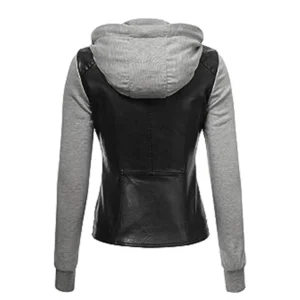 Women’s Black & Grey Hooded leather Jacket