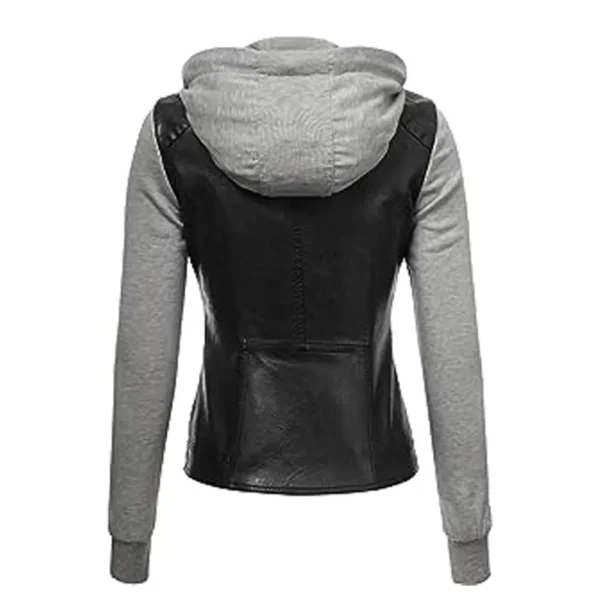 Women Black & White Hooded Faux leather Jacket product image from back