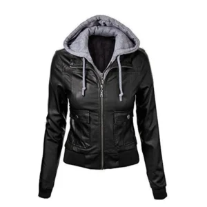 Women Black Zip Hooded Leather Jacket