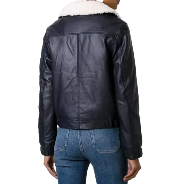 Women Black Zip Shearling Aviator Leather Jacket product image from back