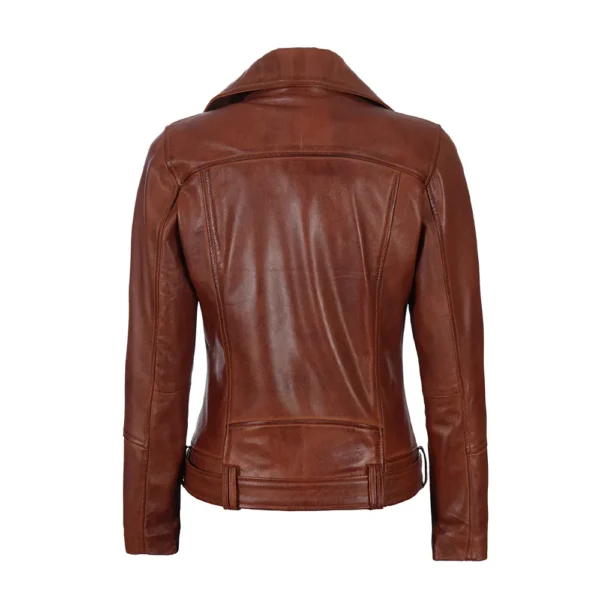 Women Brown Belted Motorcycle Leather Jacket product image from back