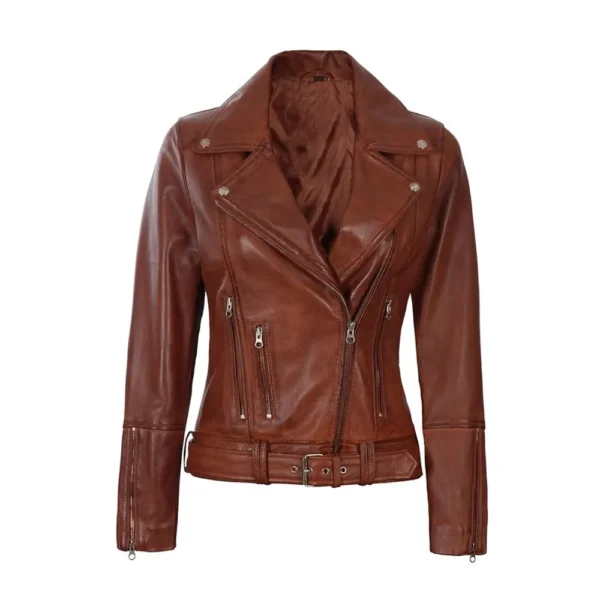 Women Brown Belted Motorcycle Leather Jacket product image from front