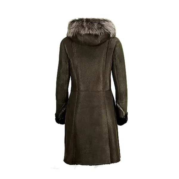 Women Brown Belted Sheepskin Leather Coat product image from back