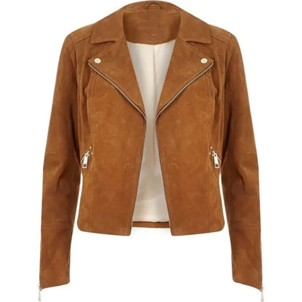 Women Brown Biker Suede Leather Jacket product image from front