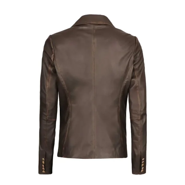 Women Brown Lambskin Double Breasted Leather Blazer Jacket proct image from back.