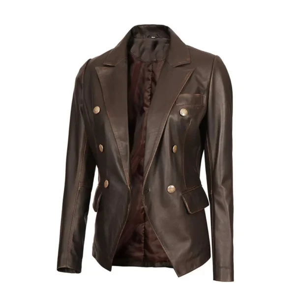 Women Brown Lambskin Double Breasted Leather Blazer Jacket product image from front.