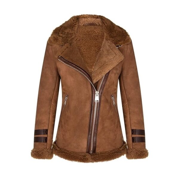 Women-Brown-Shearling-Biker-Sheepskin-Aviator-Leather-Jacket product image from front.