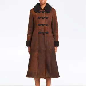 Women Brown Shearling Trim Midi Leather Coat
