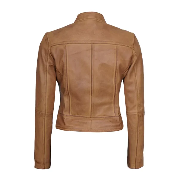 Women Camel Biker Leather Jacket product image from back