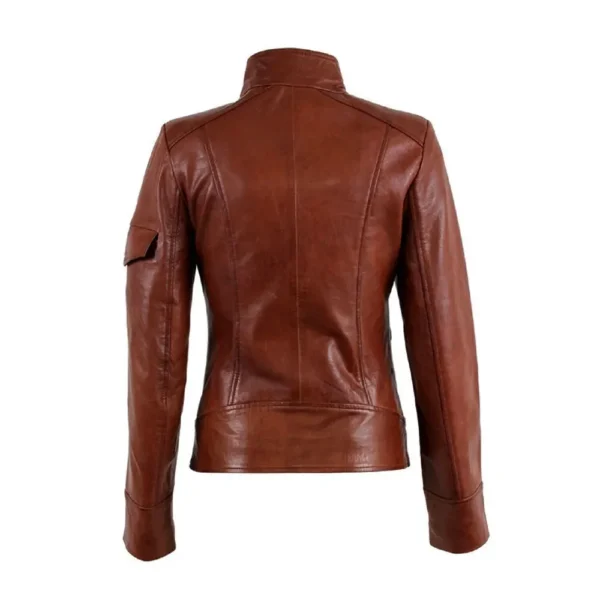 Women Dark Wax Tan Sheepskin Leather Jacket product image from back