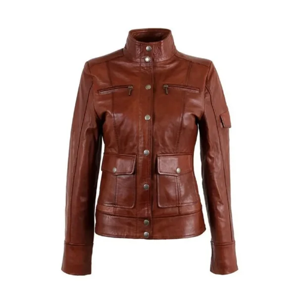 Women Dark Wax Tan Sheepskin Leather Jacket product image from front