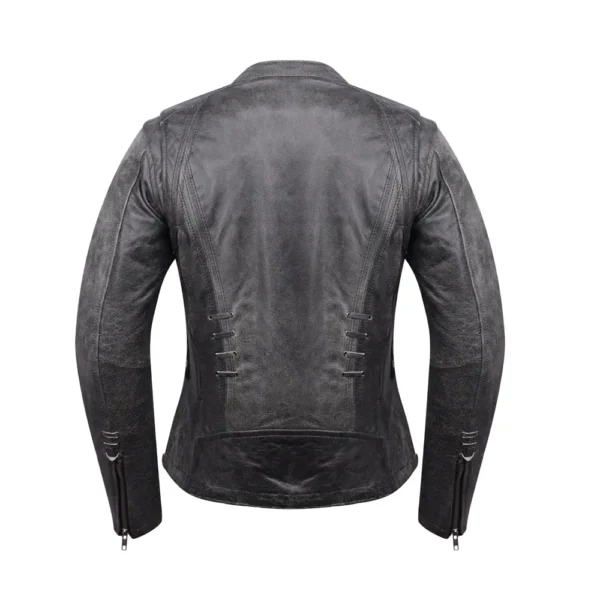 Women Grey Distressed Goatskin Leather Jacket product image from back