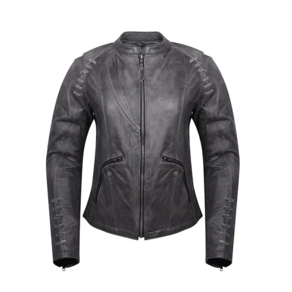 Women Grey Distressed Goatskin Leather Jacket product image from front