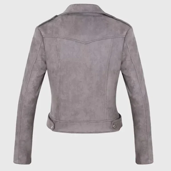 Women Grey Zip Suede Biker Leather Jacket product image from back