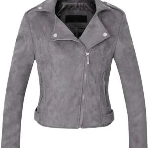 Women Grey Zip Suede Biker Leather Jacket