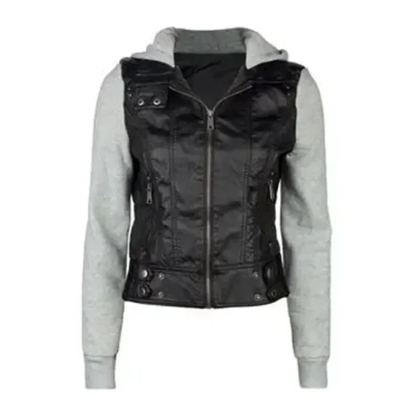 Women Hooded Biker Faux leather Jacket product image from front