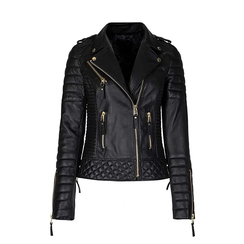 Women Lambskin Motorcycle Leather Bomber Jacket product image from front