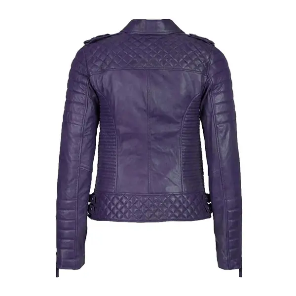 Women Purple Motorcycle Leather Jacket product image from back
