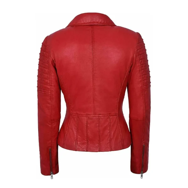 Women Red Lambskin Biker Leather Jacket product image from back