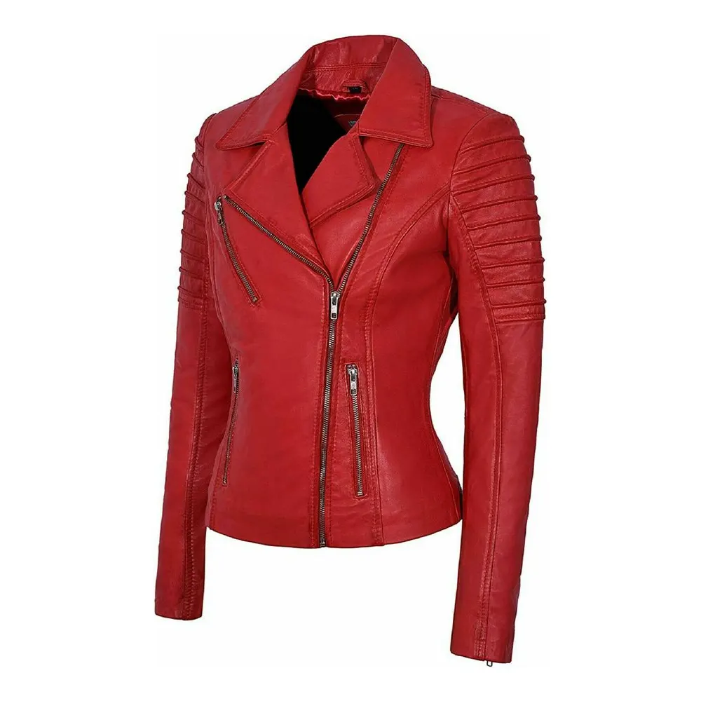 Women Red Lambskin Biker Leather Jacket product image from front