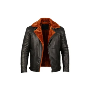 Men’s Black Aviator Bomber Fur Shearling Sheepskin Leather Jacket