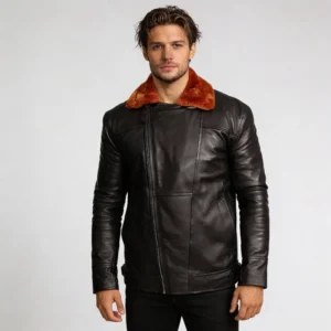 Men’s Black Aviator Bomber Fur Shearling Sheepskin Leather Jacket