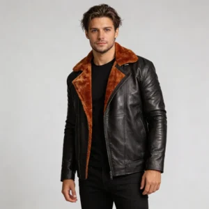 Men’s Black Aviator Bomber Fur Shearling Sheepskin Leather Jacket