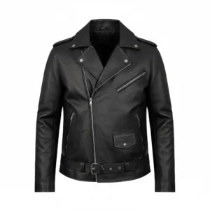 Men’s Black Belted Leather Motorcycle Jacket