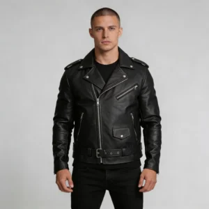 Men’s Black Belted Leather Motorcycle Jacket