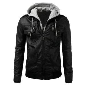 Men’s Black Biker Hood Leather Jacket